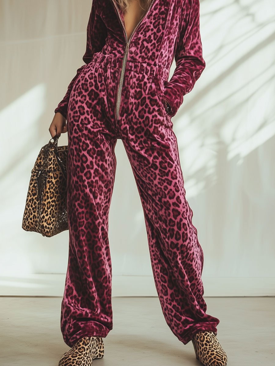 【24-hour shipping】Casual Loose Retro Pink Velvet Leopard Print Elastic Waist Zipper Hooded Jumpsuit