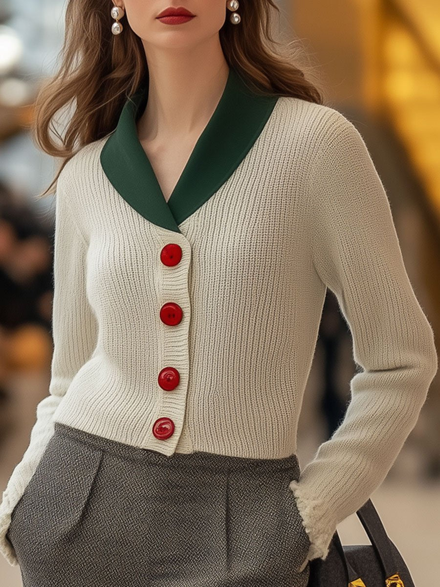 Casual Loose Retro Colorblock Lapel Single-breasted Sweater Cardigan