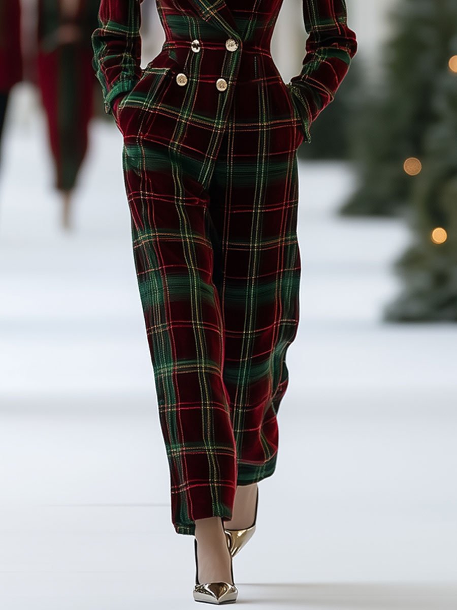 Casual Loose Retro Red And Green Plaid Suit Pants Set