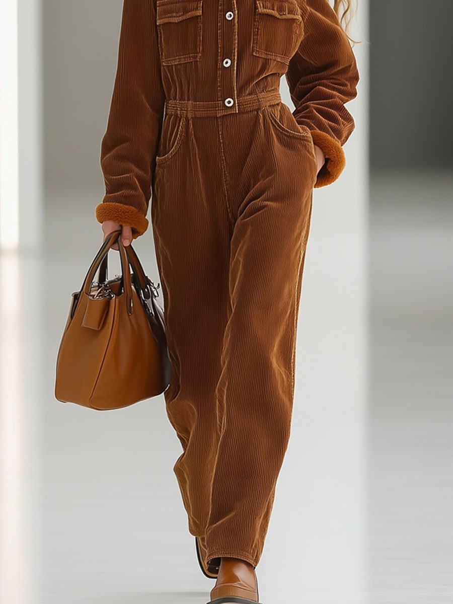 Casual Loose Retro Corduroy Multi-Pocket Fur Collar Long Sleeve Jumpsuit