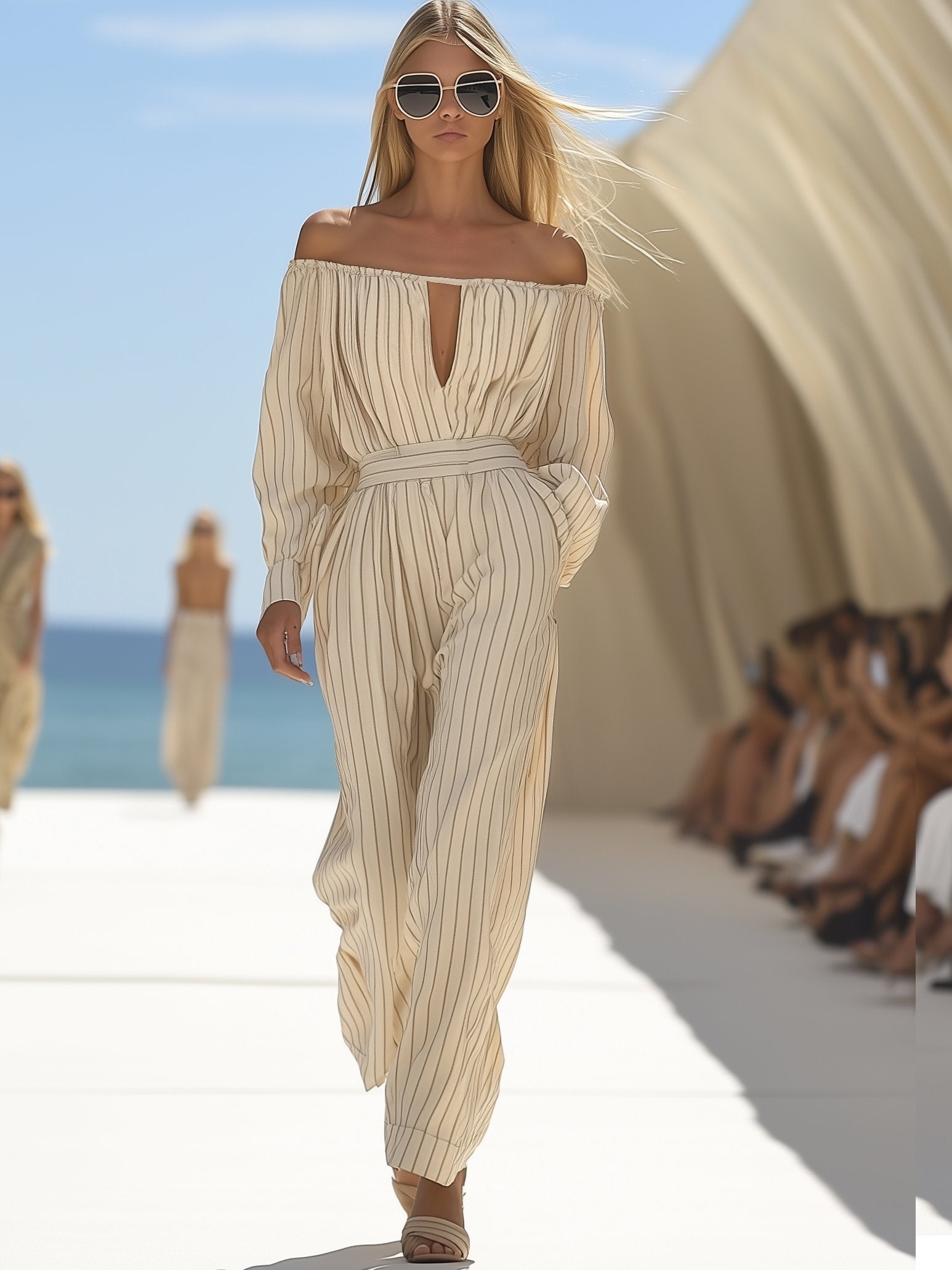 Casual One-Shoulder Apricot Striped Long-Sleeved Jumpsuit