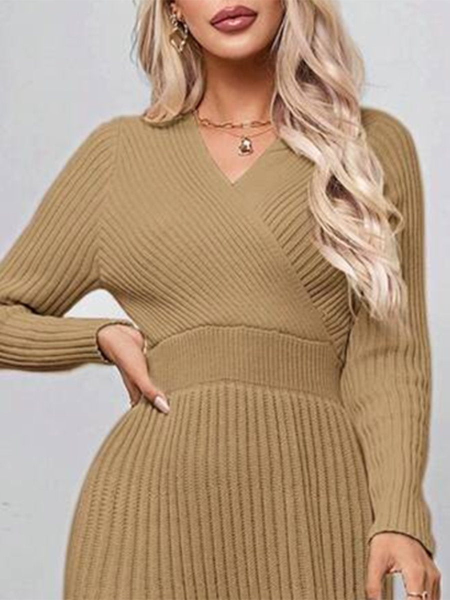 Retro And Fashionable Loose V-Neck Color Matching Khaki Knitted Maxi Dress