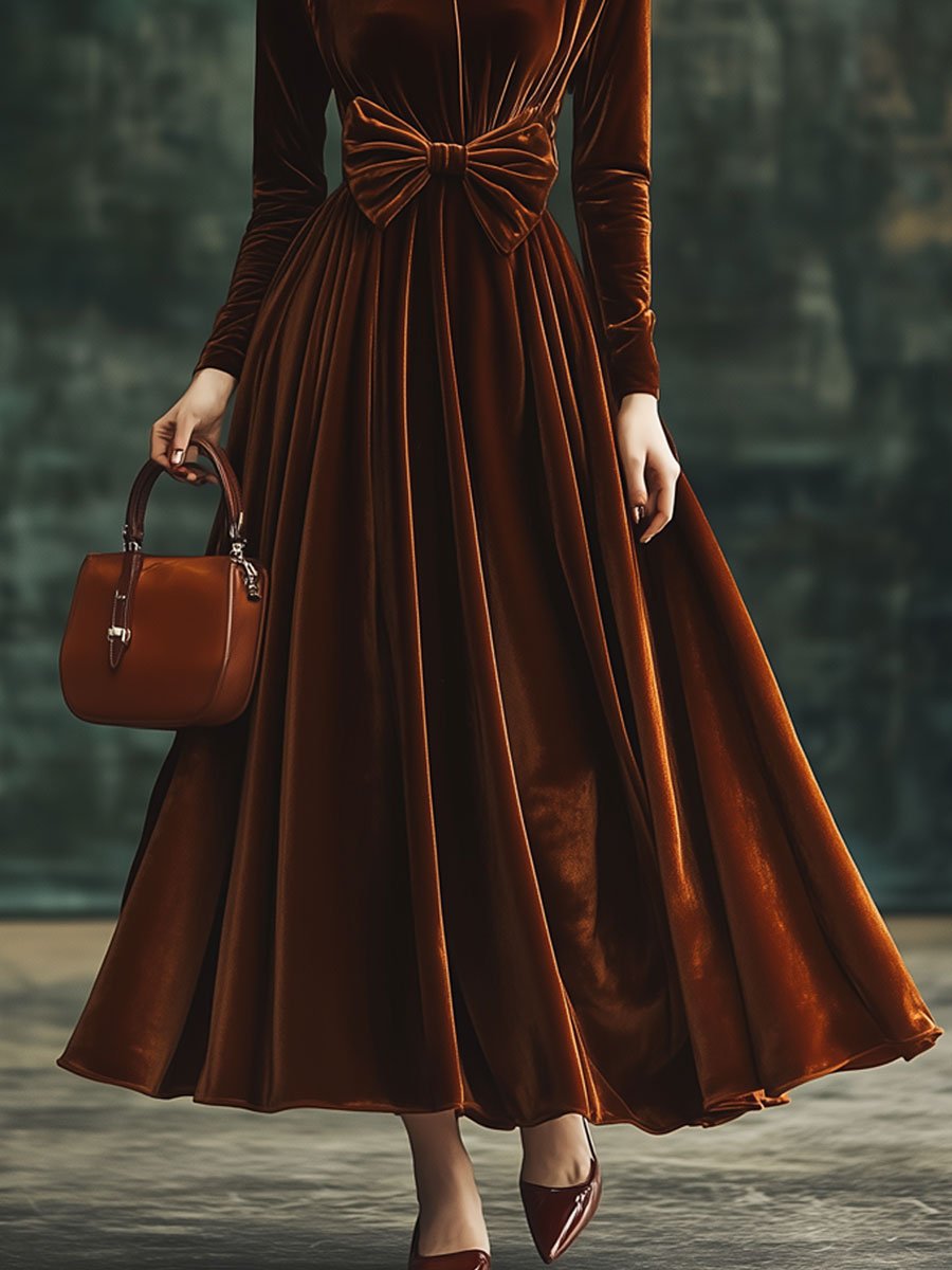 Fashion Party Solid Color Velvet Square Neck Bowknot Long Sleeve Maxi Dress