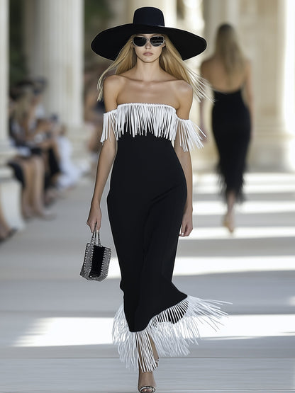 Exquisite Tassel One-Shoulder Black Maxi Dress