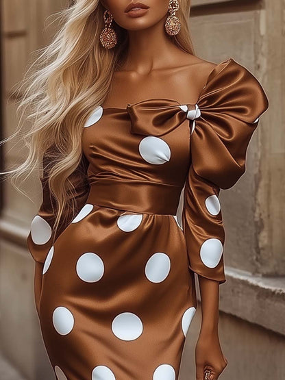 Elegant Off-shoulder Chocolate Color Large Polka Dot Print Midi Dress