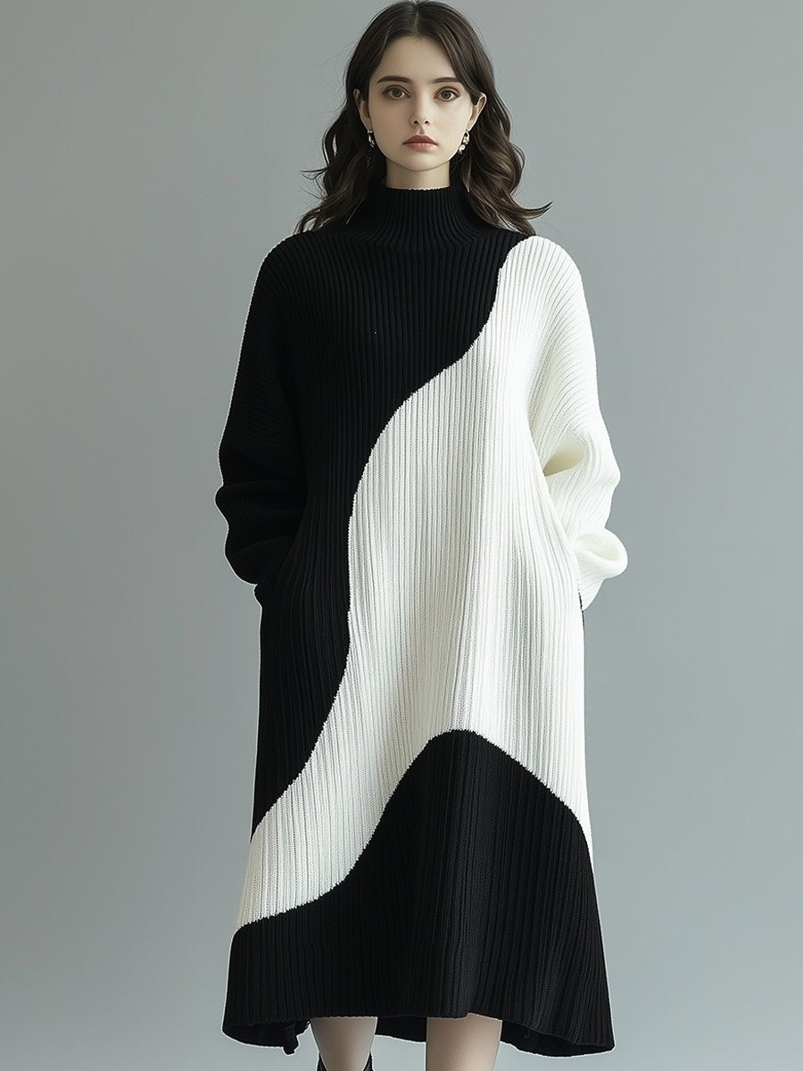 Lazy High-End Black And White Contrast Half-High Collar Pullover Knitted Dress