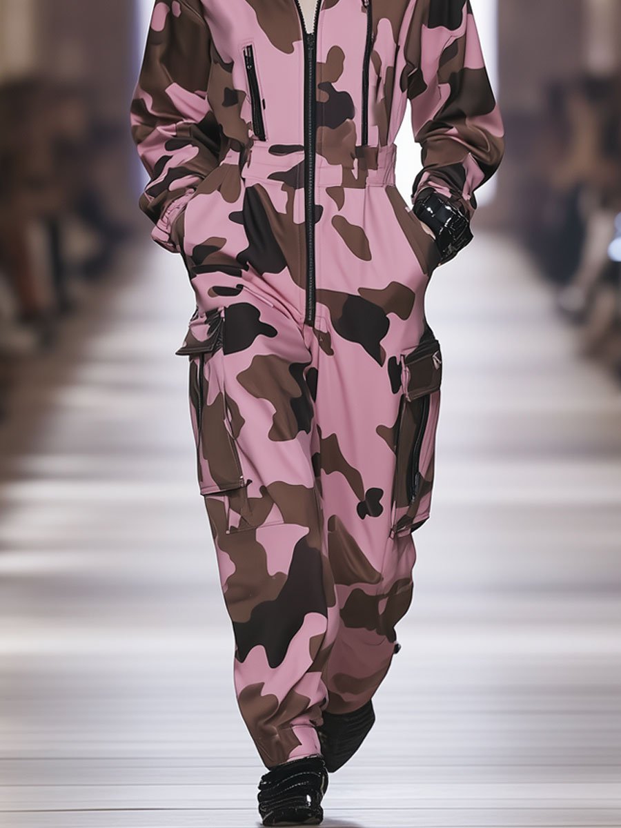 Casual Loose Pink Brown Camouflage Long-Sleeved Workwear Hooded Jumpsuit