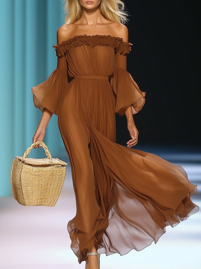 Elegant Ruffled One-Shoulder Chiffon Brown Long-Sleeved Maxi Dress