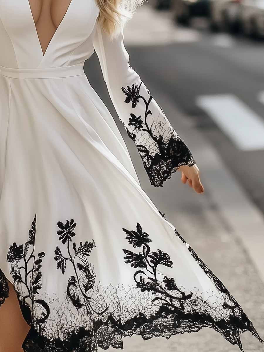 Elegant V-neck Black Printed Lace Stitching White Midi Dress