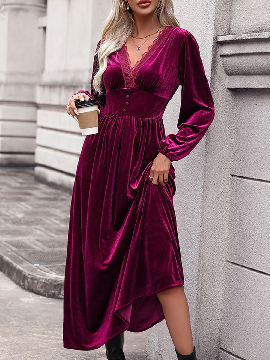 Fashion Retro V-neck Lace Velvet Splicing Long Sleeve Midi Dress