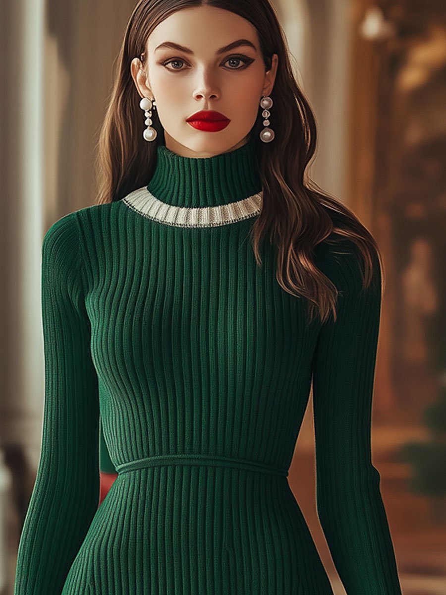 Fashion Retro Christmas Green Woolen High Collar Long Sleeve Mini Dress