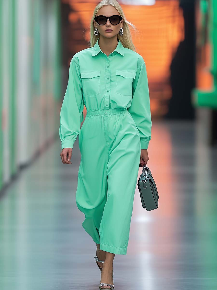 Fashionable and Eye-catching Shirt-style Mint Green Cropped Trousers Jumpsuit