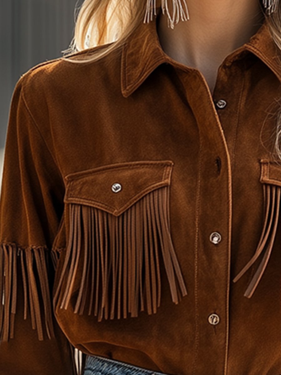 Vintage Western Fringe Brown Suede Shirt