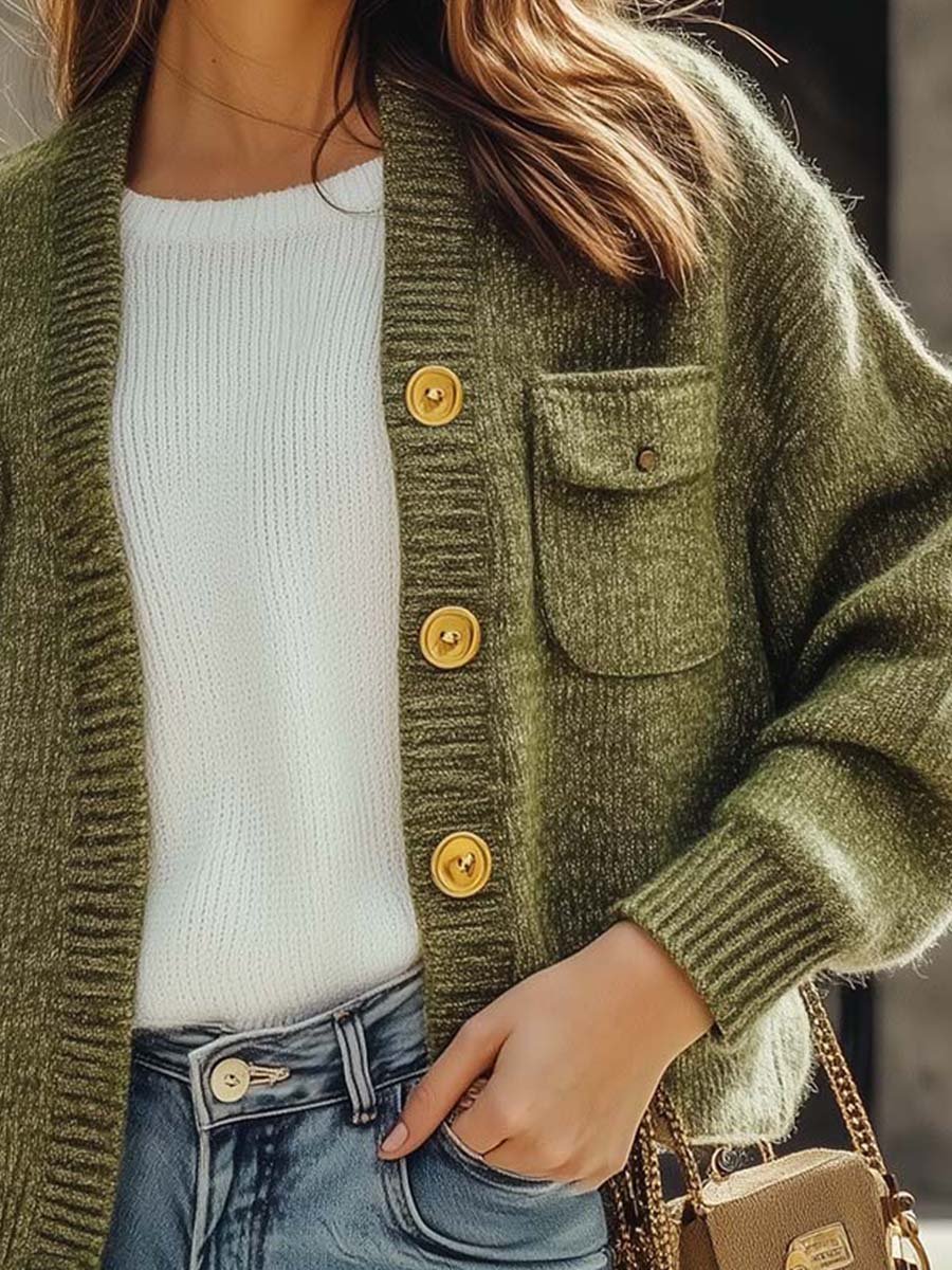 Retro Fashion Loose Pocket Button Cropped Cardigan