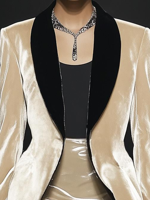 Elegant Colorblock Velvet Beige Long-Sleeved Blazer