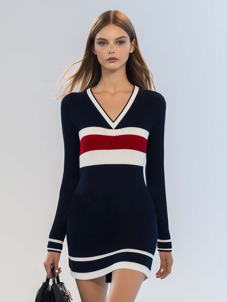 Elegant V-neck Slim Fit Navy Blue Contrast Stripe Knitted Mini Dress