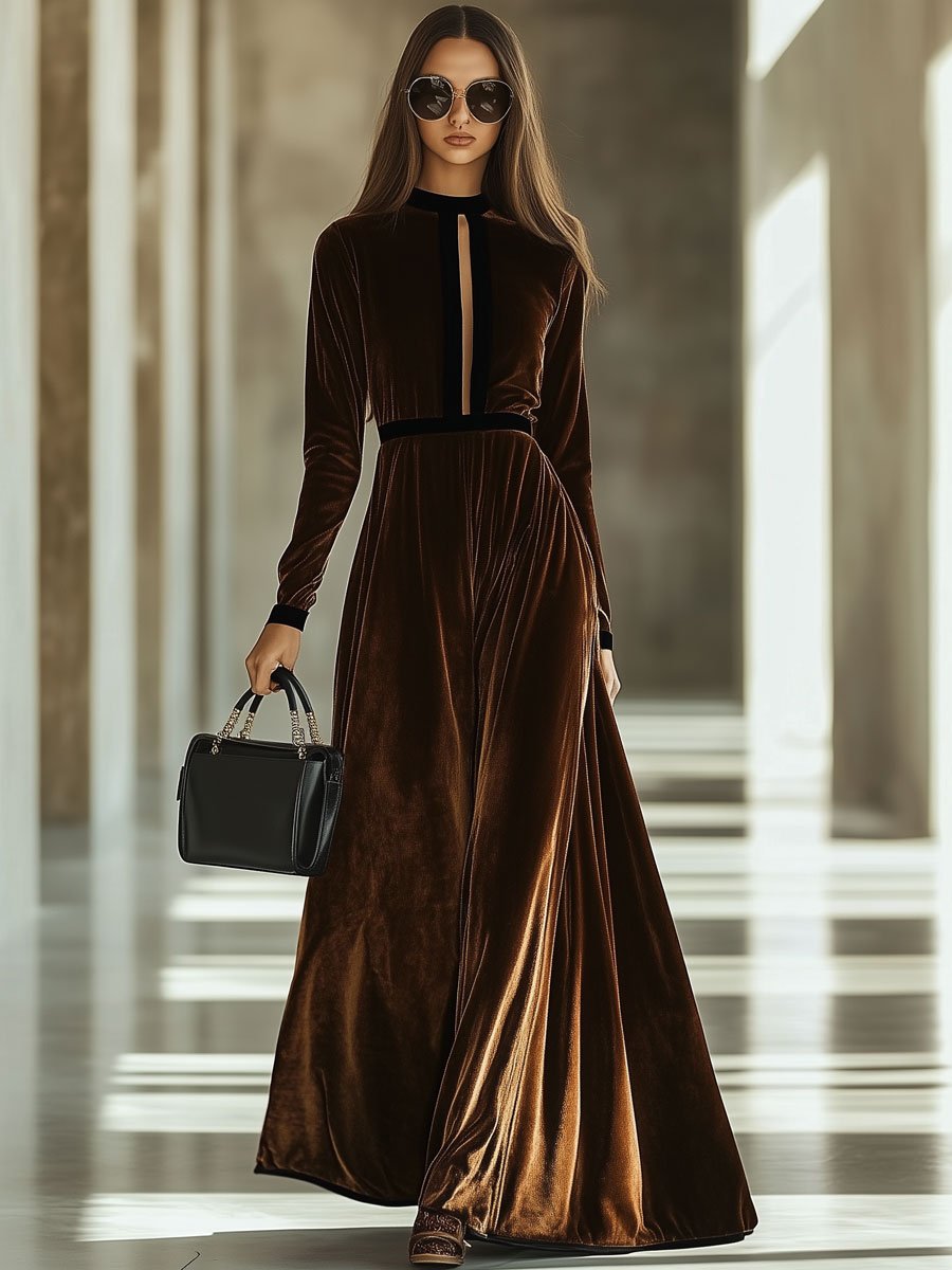 Retro Fashion Velvet Colorblock Hollow Long Sleeve Maxi Dress