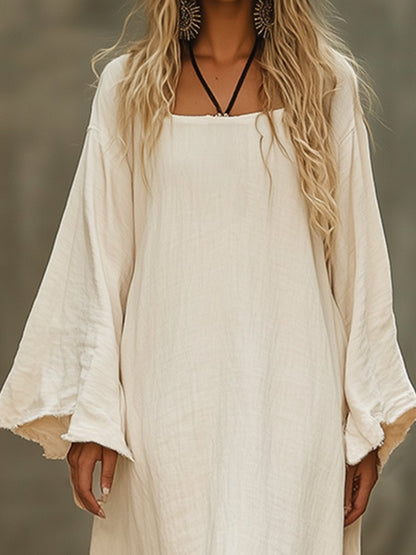 Casual Loose Simple Hem Tassel Beige Long Sleeve Maxi Dress