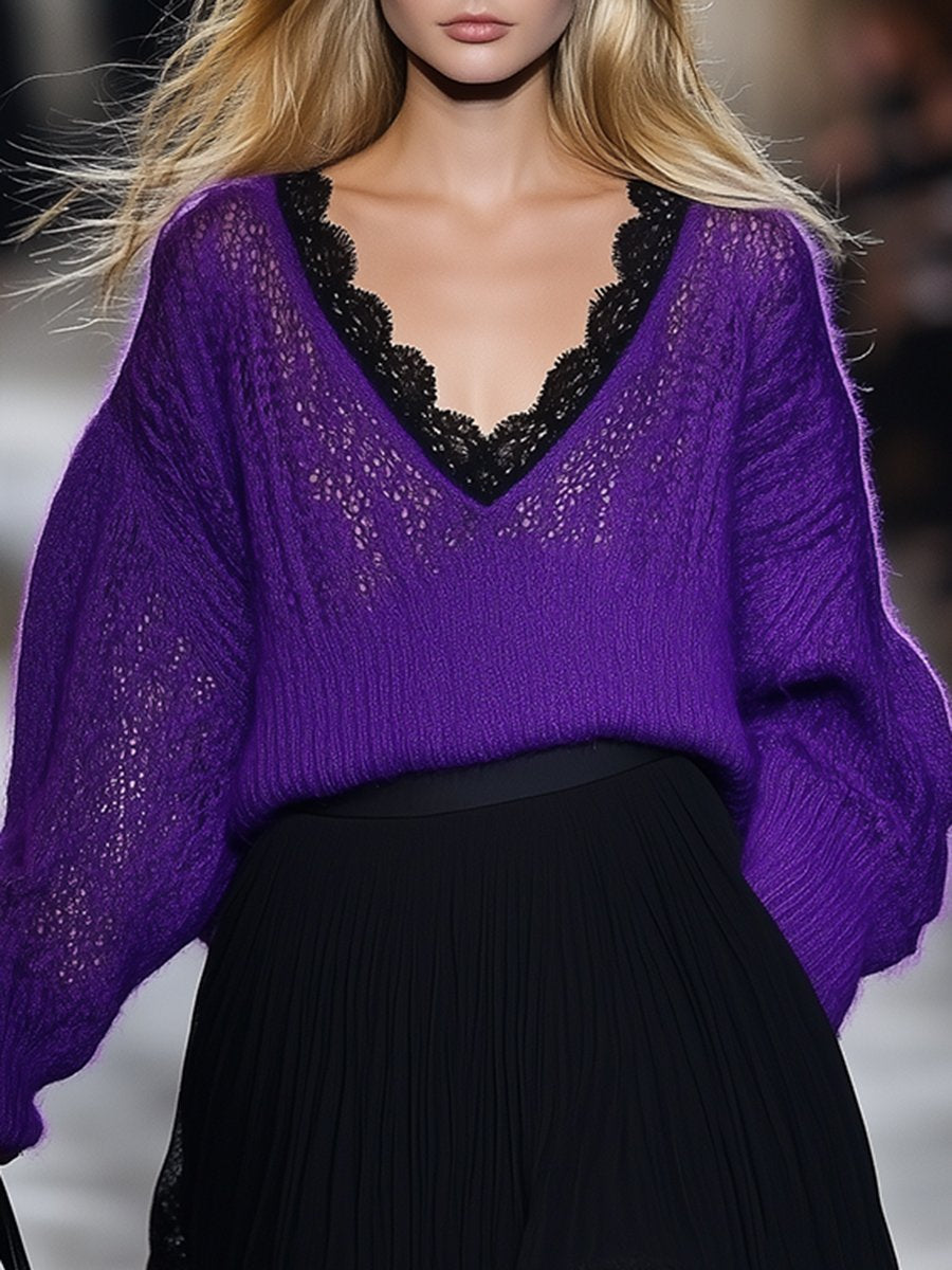 High-end loose lazy lace splicing V-neck purple sweater