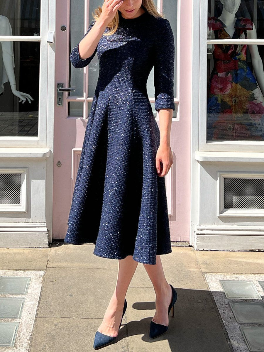 Elegant High-End Tweed Round Neck Midi Dress