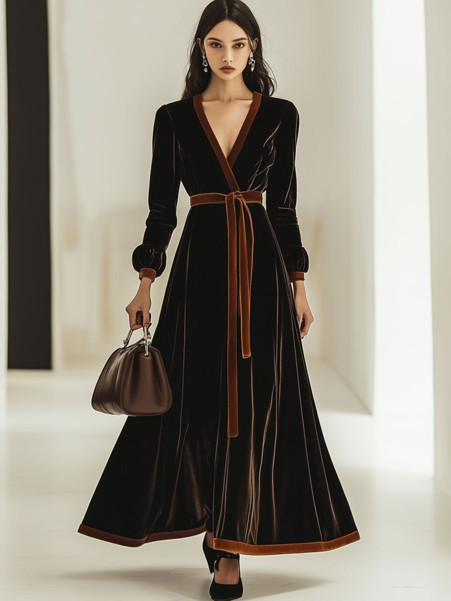 V-Neck Vintage Velvet Colorblock Lace-Up Long-Sleeved Maxi Dress