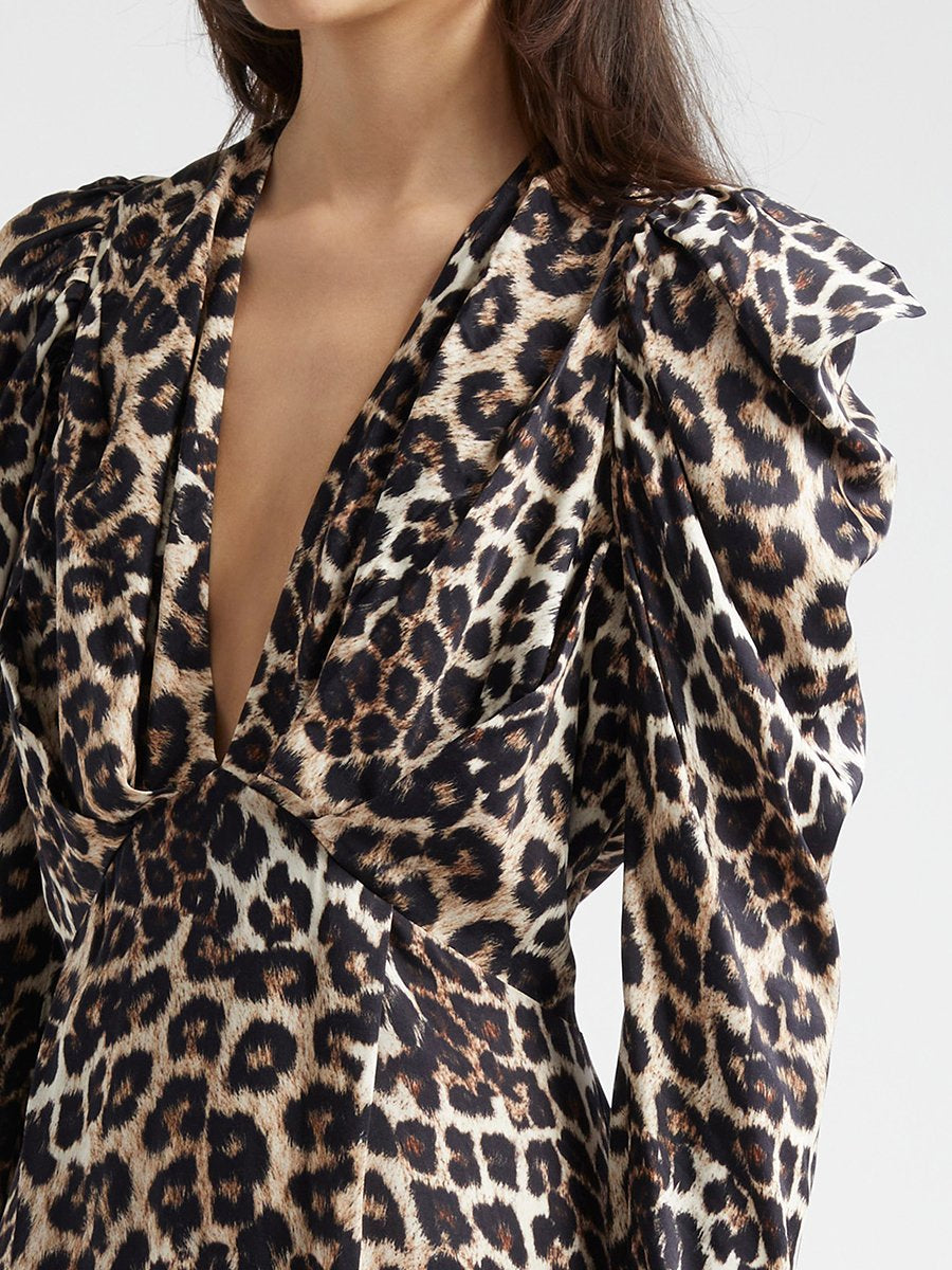 Retro Elegant Fashion Puff Sleeve V-Neck Leopard Print Maxi Dress