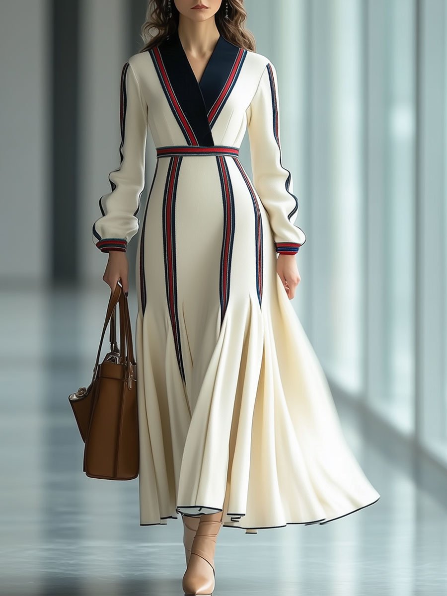 Fashion Retro V-Neck Red And Blue Striped Print Long Sleeve Maxi Dress