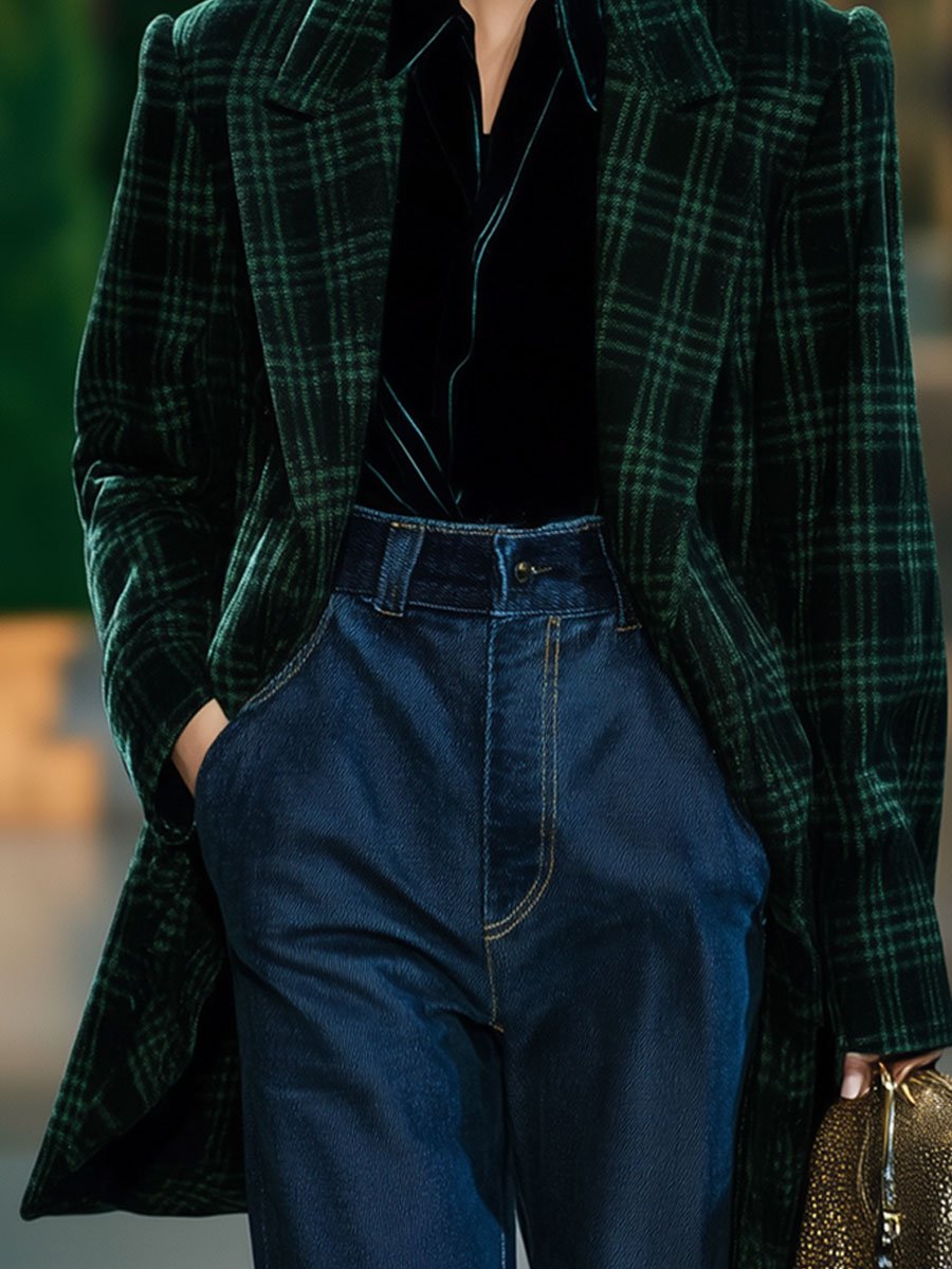 Casual Loose Retro Wool Green Plaid Pocket Coat