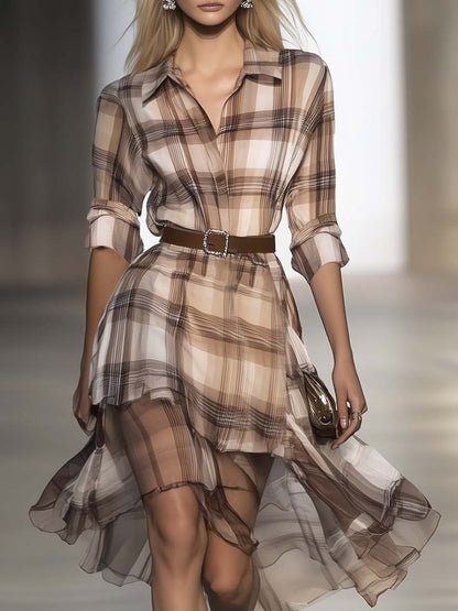 Fashion Mesh Stitching Beige Brown Plaid Print Shirt-style Midi Dress