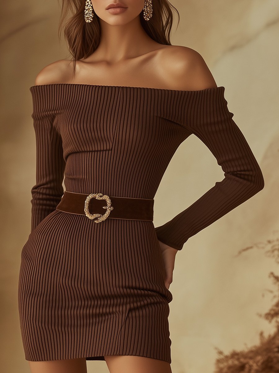 Charming and Elegant Suede Belt Slim Brown Knitted Mini Dress