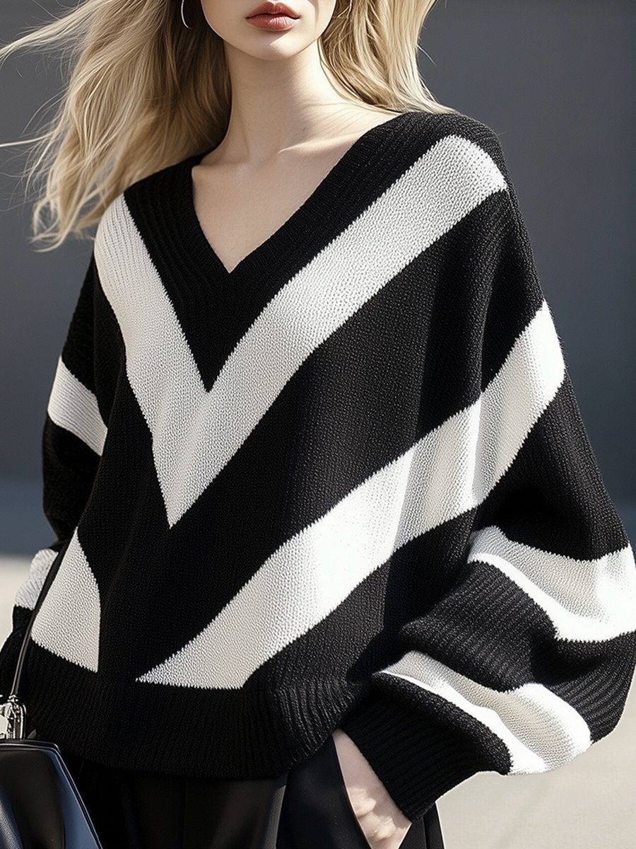 Casual Loose Lazy Style V Striped Knitted Sweater