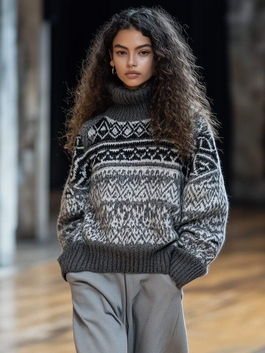 Vintage Fair Isle Black and White Grey Striped Contrast Casual Turtleneck Sweater