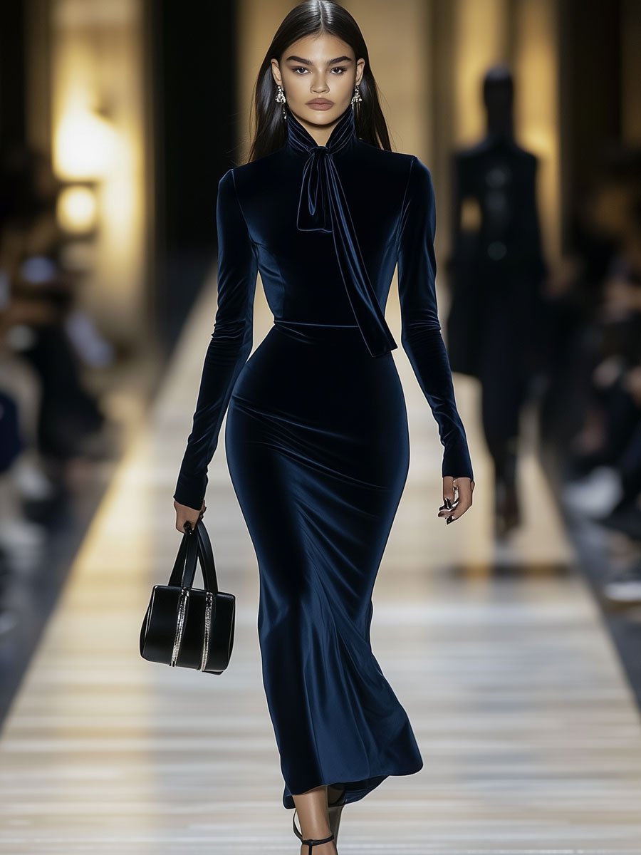【24-hour shipping out】Fashion Retro Dark Blue Velvet Collar Tie Fishtail Long Sleeve Midi Dress