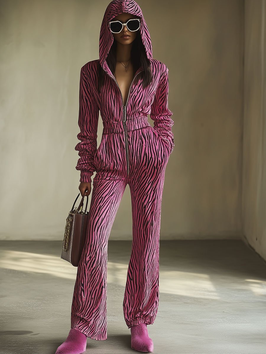 Casual Loose Vintage Velvet Zebra Print Zipper Hooded Jumpsuit