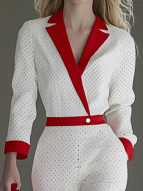 Retro Elegant Red Polka Dot Lapel Long Sleeve Jumpsuit