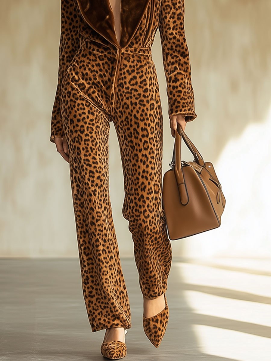 Casual Loose Retro Velvet Leopard Print Colorblock Lapel Long Sleeve Jumpsuit