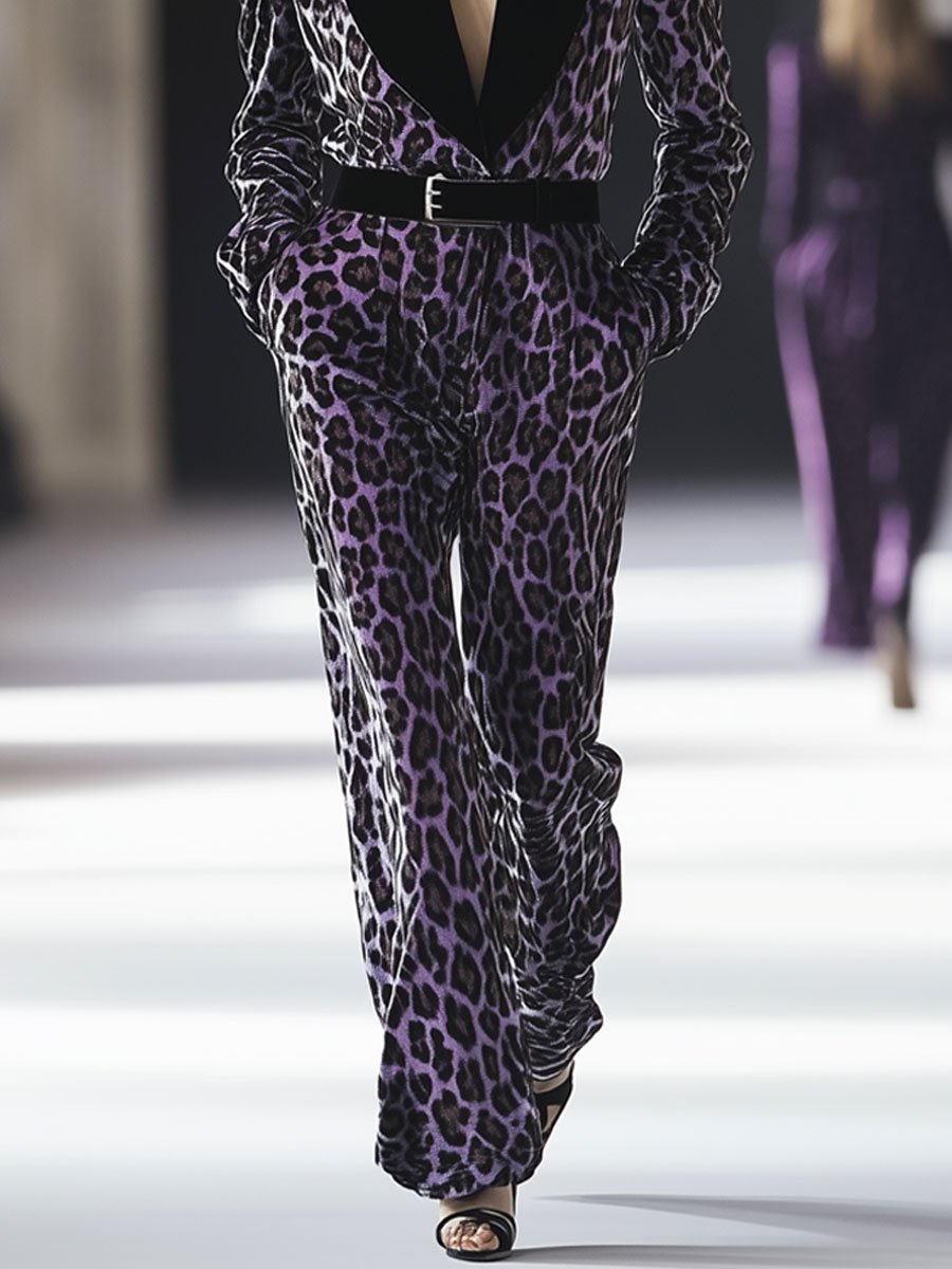 Casual Loose Retro Purple Leopard Print Lapel Lace Velvet Jumpsuit