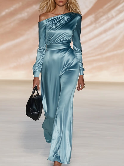 Elegant Haze Blue Off-the-shoulder Satin Long-sleeved Jumpsuit