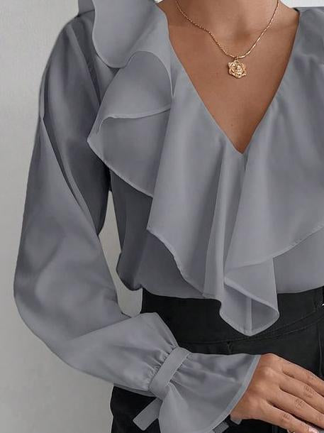 Gentle Ruffled Collar Light Grey Long Sleeve Chiffon Shirt