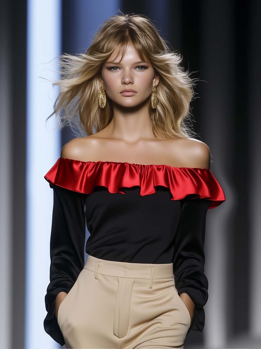 Elegant and Stylish Off-the-shoulder Red Ruffled Black T-shirt