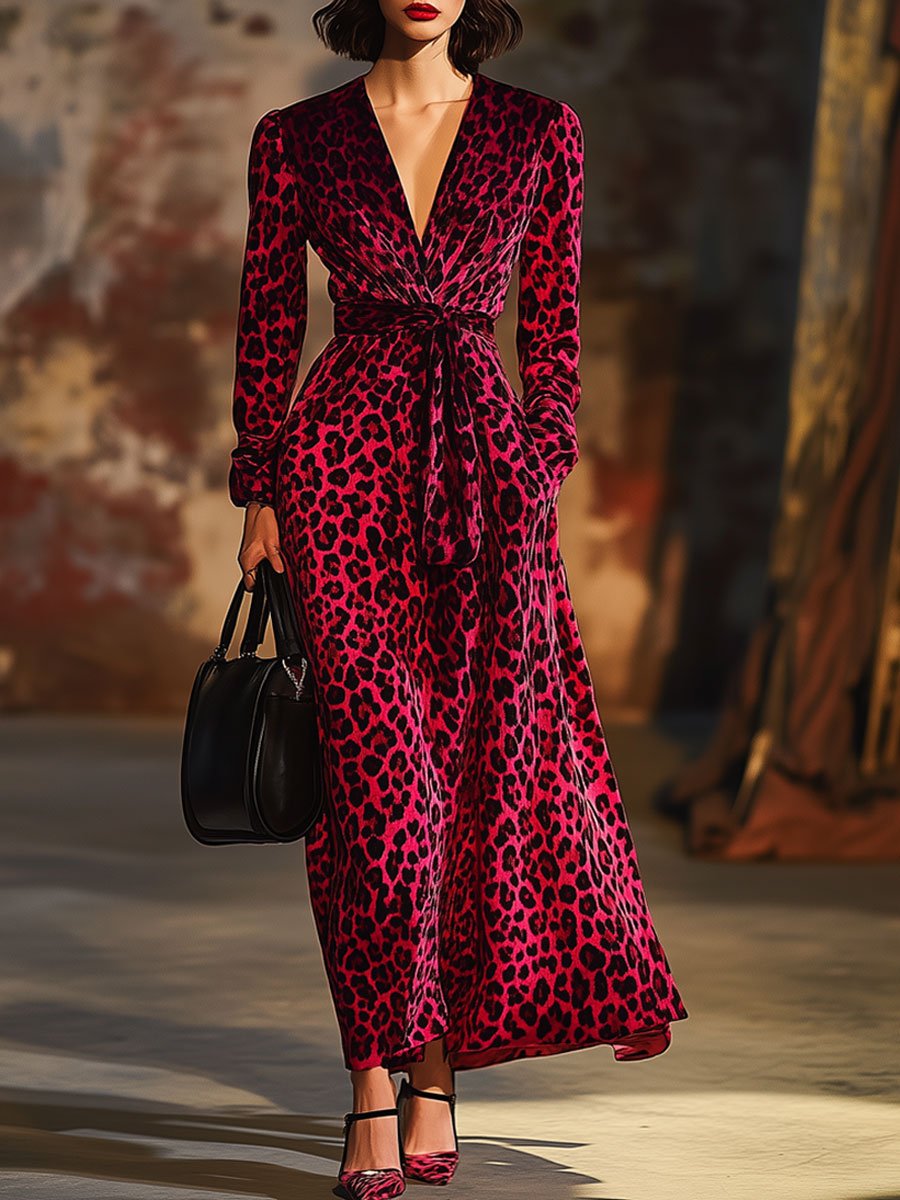 Velvet Leopard Print V-Neck Long Sleeve Fashion Pocket Maxi Dress