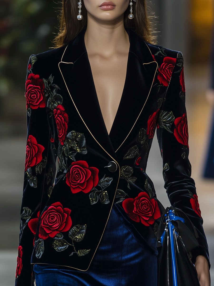 Casual Loose Vintage Velvet Red Rose Print Gold Trim Blazer