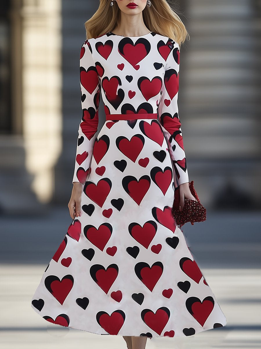 Exquisite and Elegant Red Heart Print Midi Dress