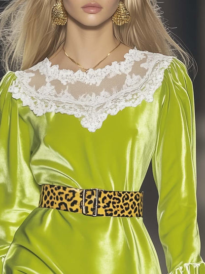 Fresh Stitching Lace Leopard Belt Lemon Green Velvet Mini Dress