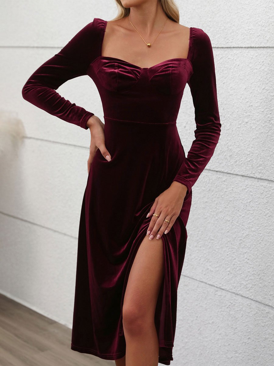 Fashion Retro Party Velvet Slit Long Sleeve Midi Dress