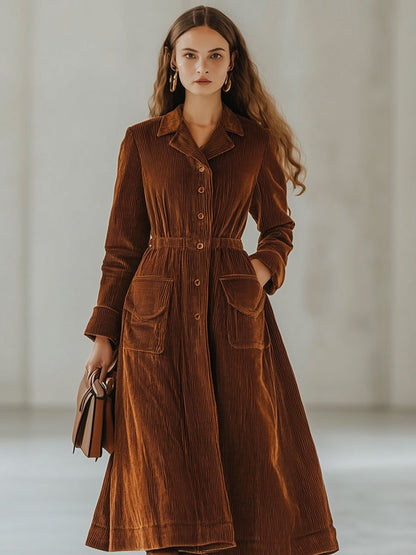 Casual Loose Retro Corduroy Single-Breasted Trench Coat-Style Midi Dress