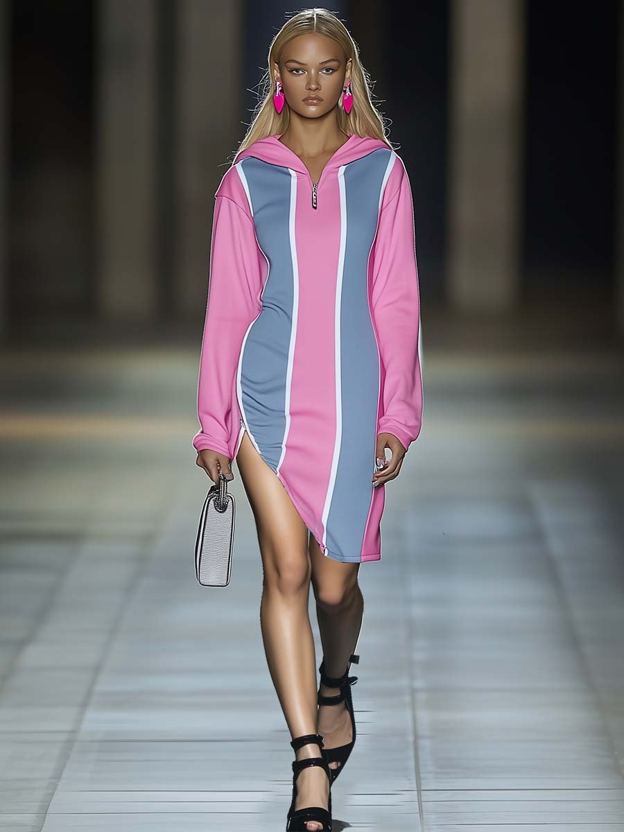 Fashion Personality Hooded Slit Pink and Blue Contrast Midi Dress