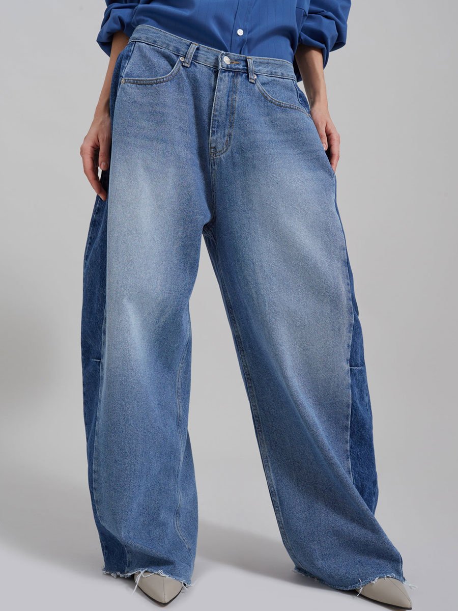 Casual Loose Retro Colorblock Wide-Leg Jeans