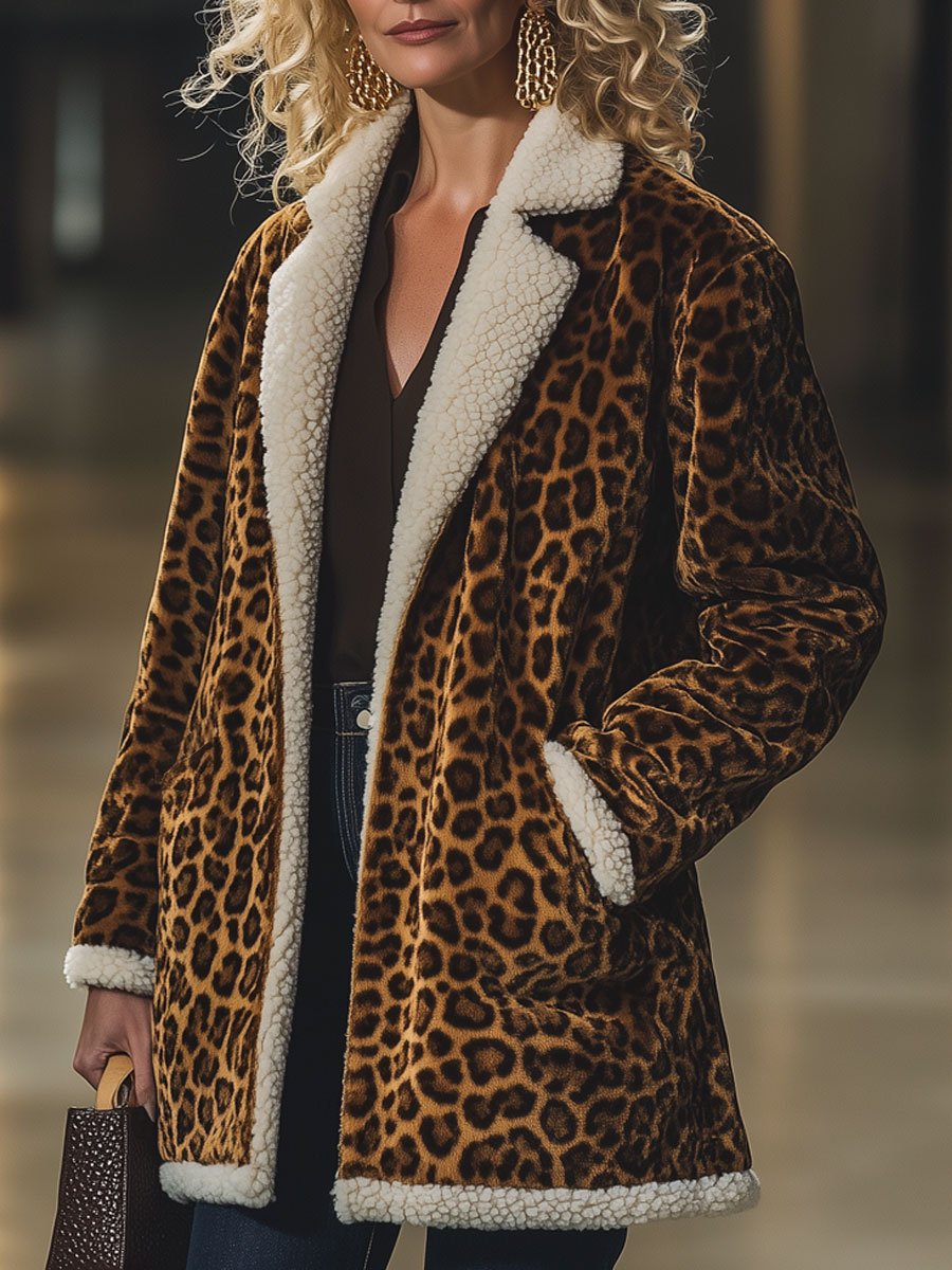 Casual Loose Retro Velvet Leopard Print Lambskin Patchwork Coat