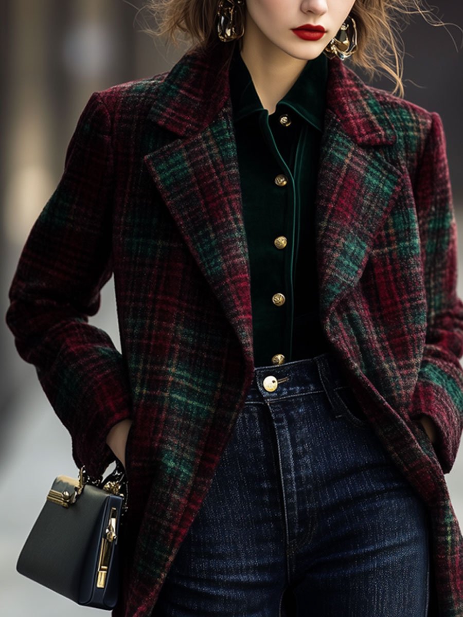 Casual Loose Retro Lapel Red And Green Plaid Woolen Coat